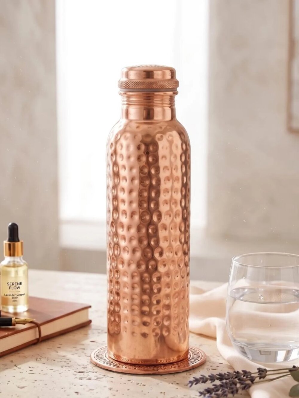 Pure Ayurvedic 100% Copper Hammered Texture Water Bottle
